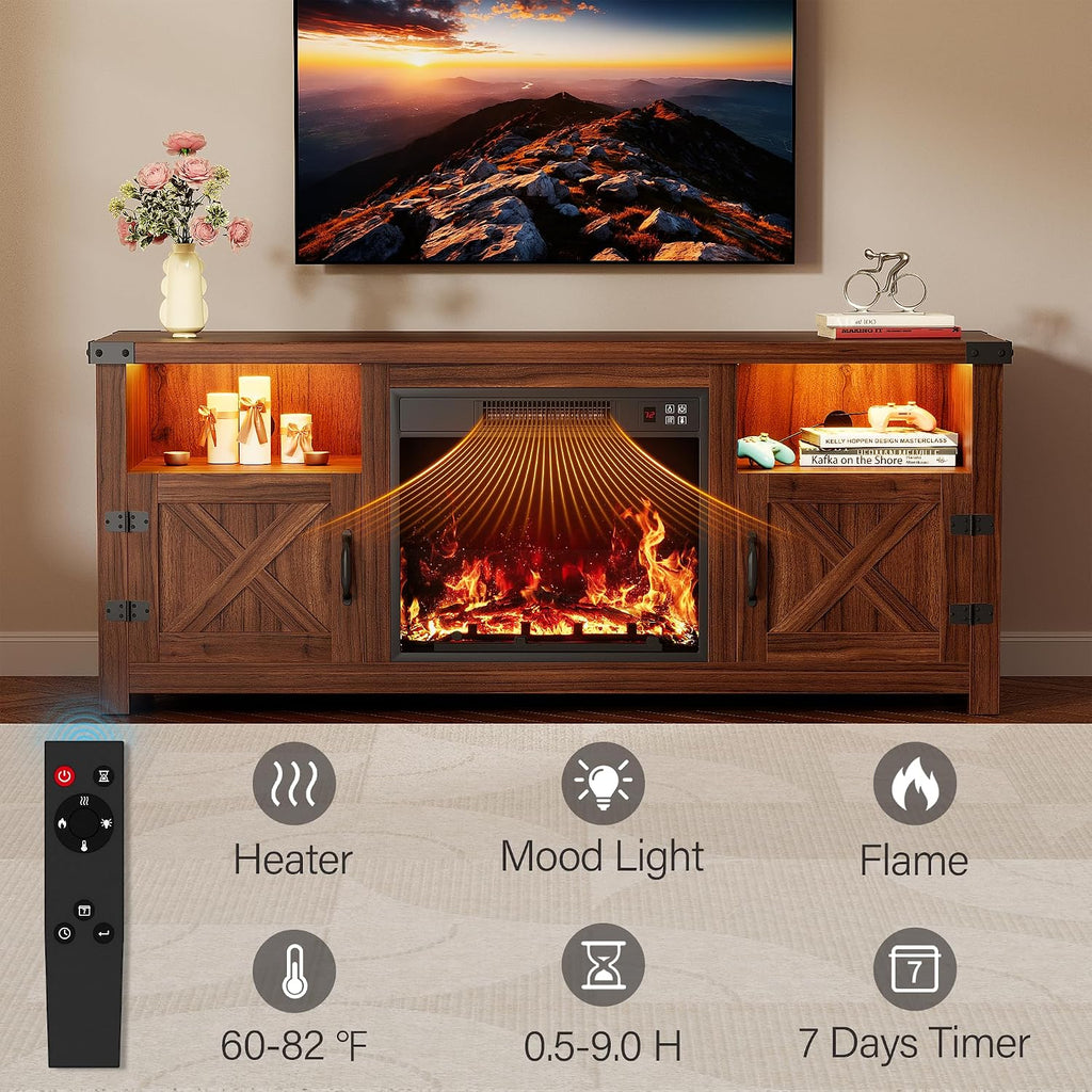 YESHOMY LED Fireplace TV Stand with Mood Lighting, TV Cabinet with Open Shelf, Farmhouse Media Console with Hidden Cable Routing, Entertainment Center for Televisions up to 65+ Inch, Walnut