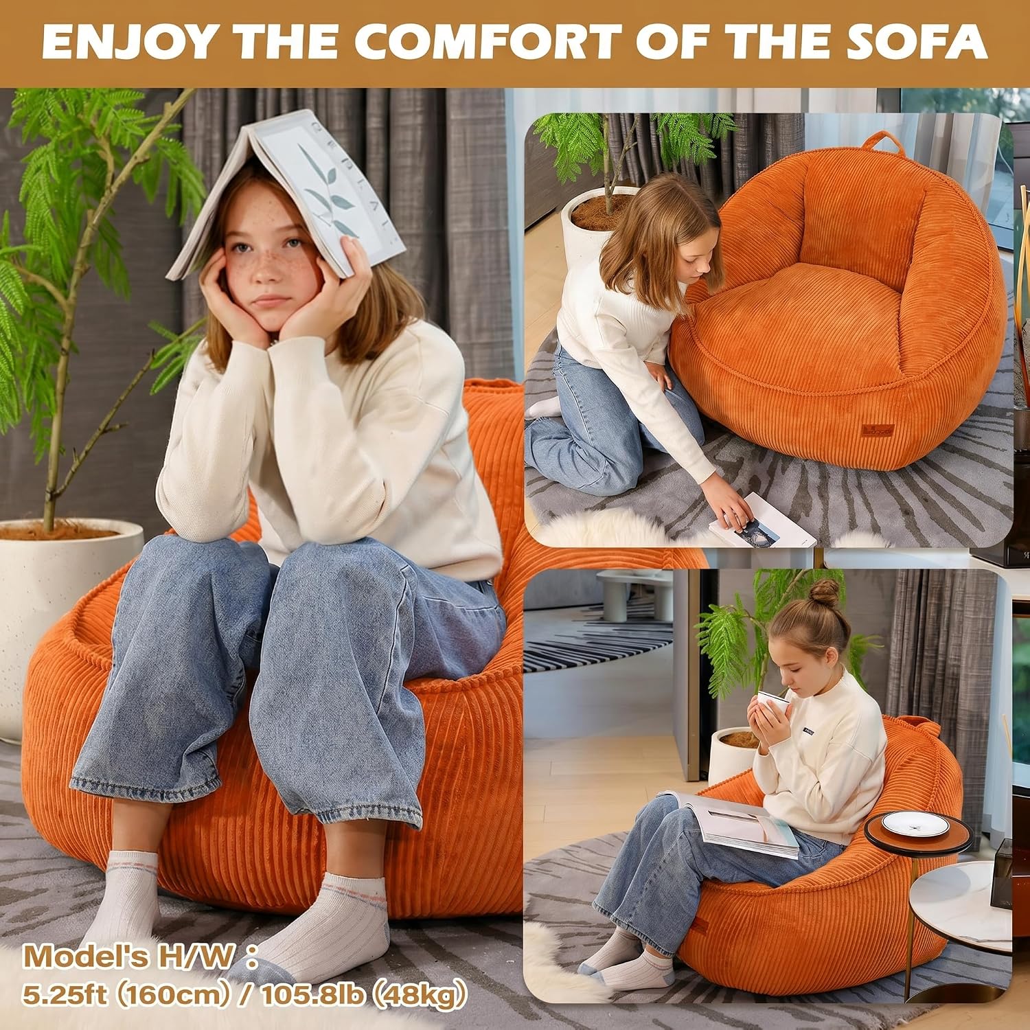Bean Bag Chair, Cozy Fluffy Beanbag Chairs with Filler for Teens and Kids, Floor Lazy Sofa for Living Room Gaming & Reading (M-Burnt Orange)
