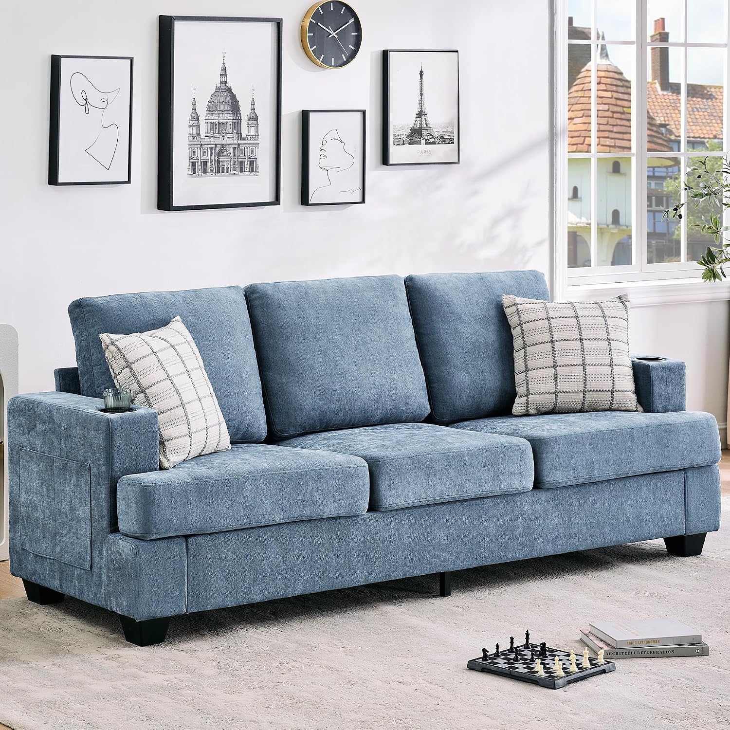 89' Chenille 3-Seater Sofa with Cup Holders and Side Storage Pockets, Modern Sofa for Living Room, Deep Seat Couches for Apartment Lounge, Blue