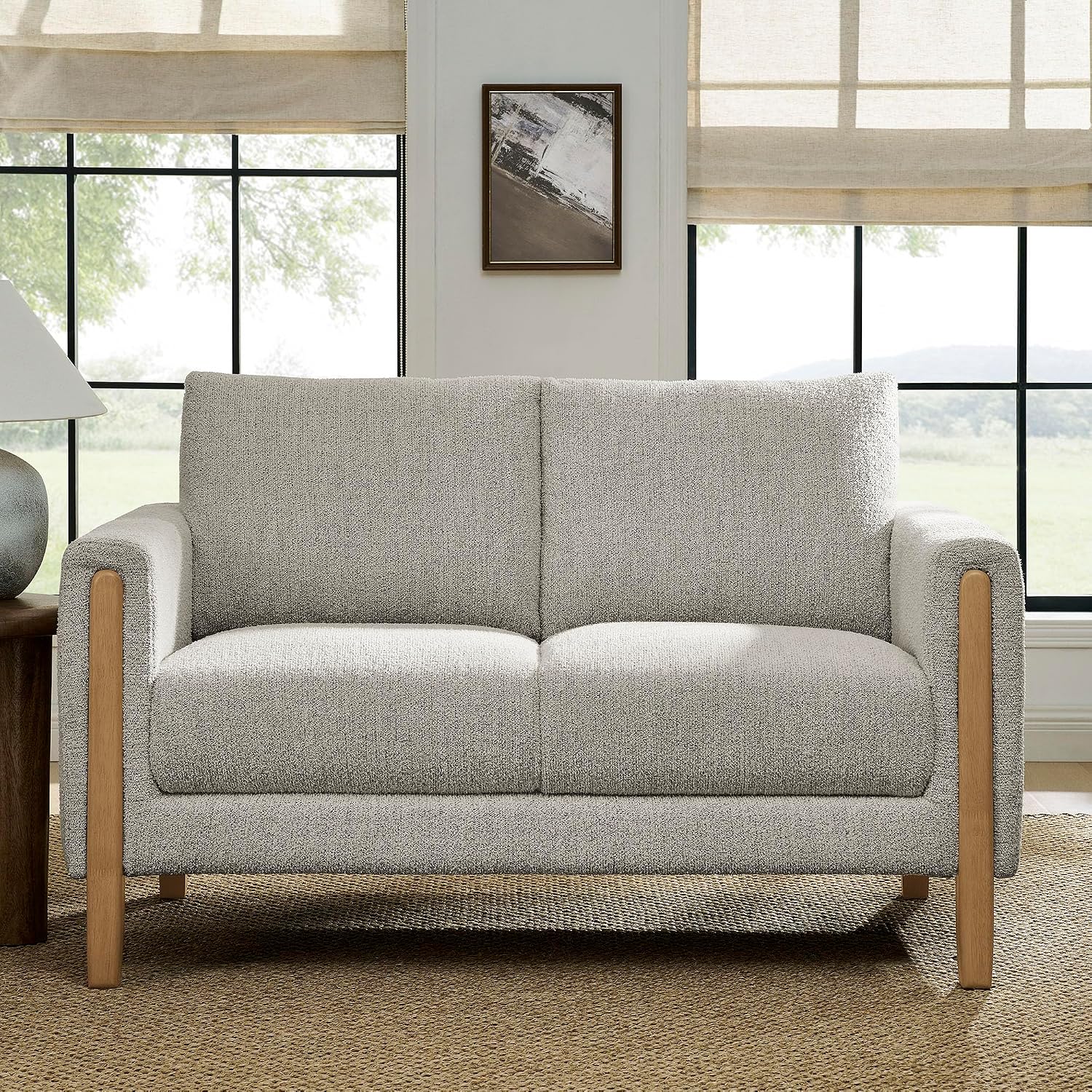 Modway Hawken 54 Inch Boucle Loveseat in Parchment Beech with Wood Legs – Mid-Century Modern Small Space 2-Seater Sofa for Living Room, Bedroom, or Office Lounge