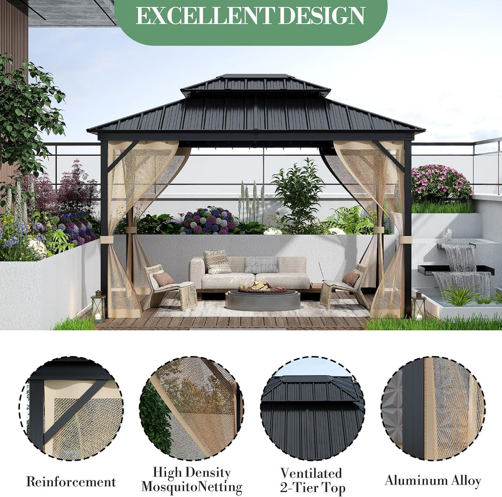 Takywep 10 x14Ft Hardtop Gazebo for All Weather, Outdoor Gazebo with Double Metal Roof, Aluminum Frame Gazebo with Net and Curtain, Heavy Duty Canopy for Patio, Deck, Backyard, Lawn, and Garden