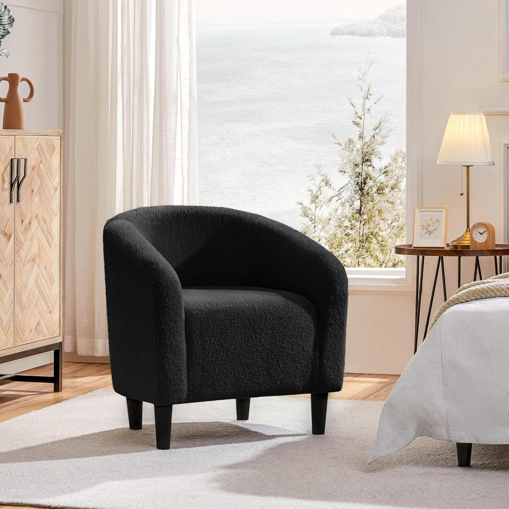 Yaheetech Accent Barrel Chair, Boucle Fabric Club Chair, Furry Sherpa Elegant Armchair with Cozy Soft Padded, Suitable for Living Room Bedroom Reception Office, Black