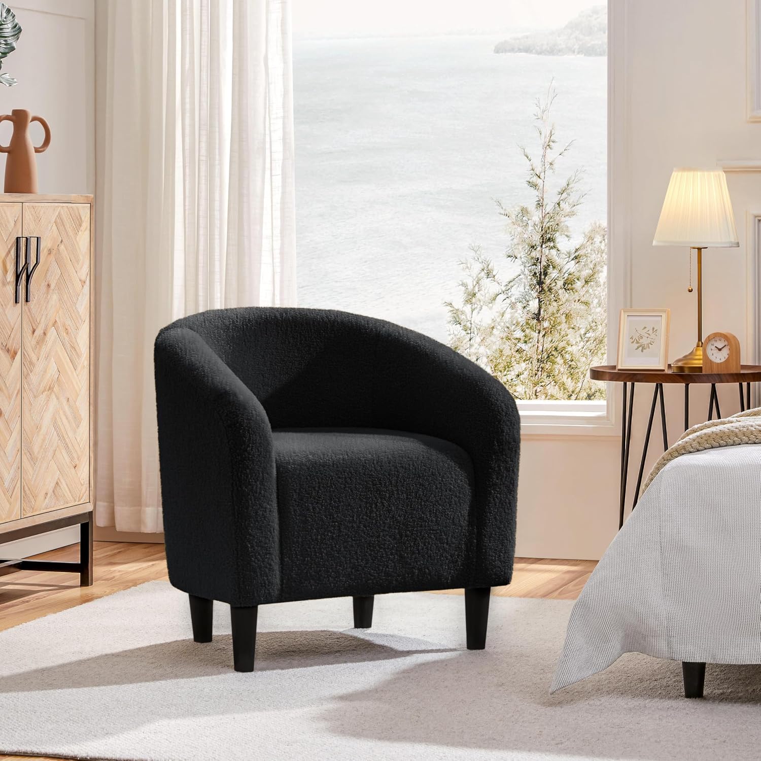 Yaheetech Accent Barrel Chair, Boucle Fabric Club Chair, Furry Sherpa Elegant Armchair with Cozy Soft Padded, Suitable for Living Room Bedroom Reception Office, Black