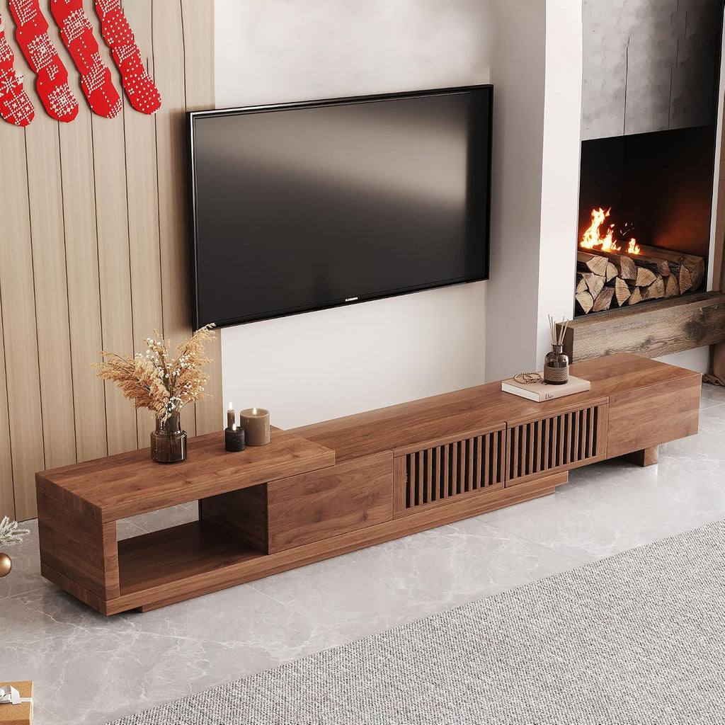 Mid Century Modern TV Stand for 75+ Inch TVs, Extendable Media Console (78'-103') with Ample Storage - Sleek Walnut Entertainment Center for Living Room
