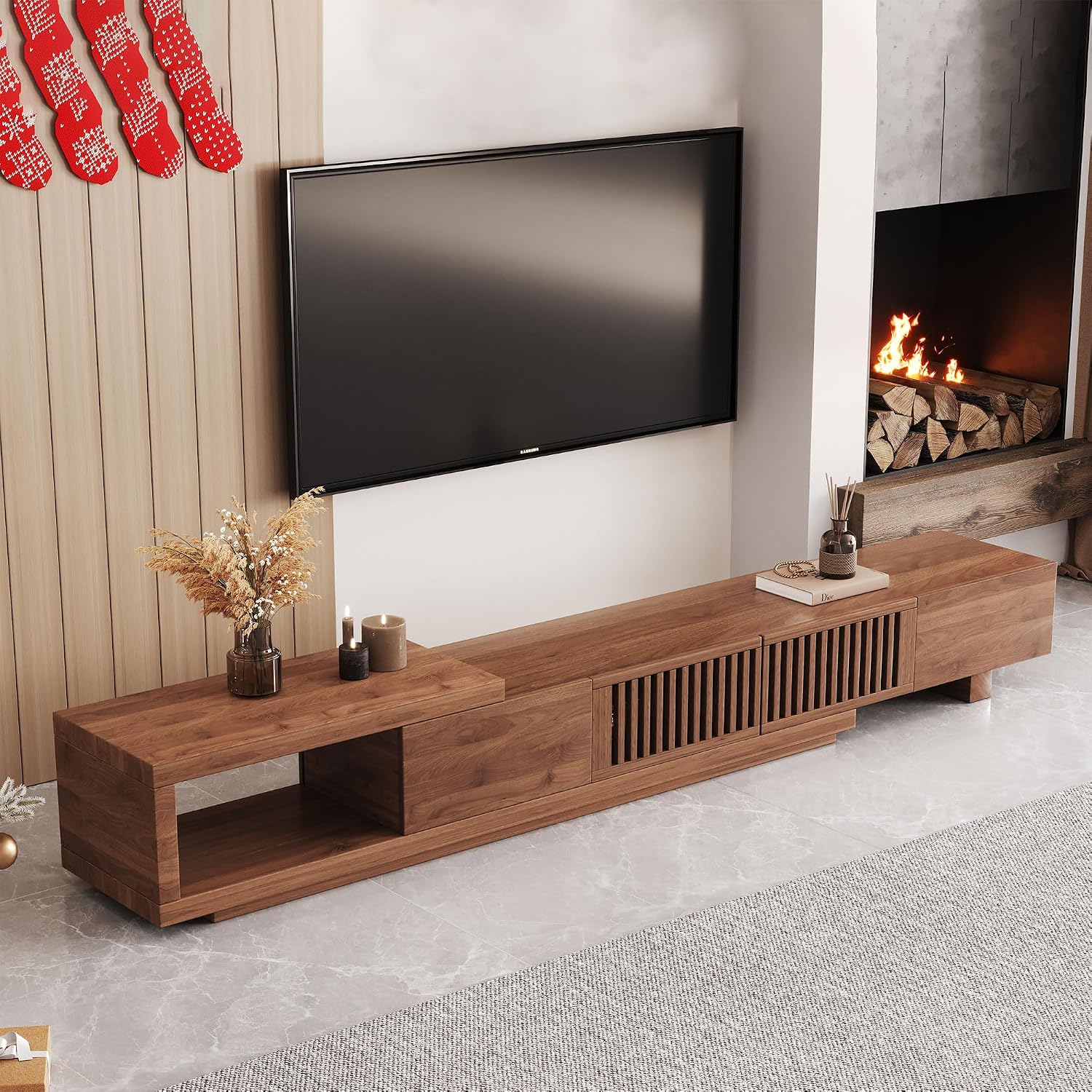 Mid Century Modern TV Stand for 75+ Inch TVs, Extendable Media Console (78'-103') with Ample Storage - Sleek Walnut Entertainment Center for Living Room