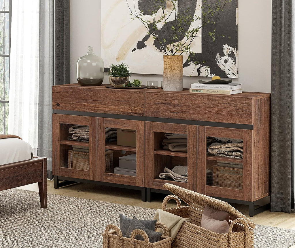 WAMPAT Modern TV Stand with Glass Doors for 40-70 inch TVs, 2 in 1 Entertainment Center Console with 2 Drawers and Metal Base for Living Room, Bedroom, Brown