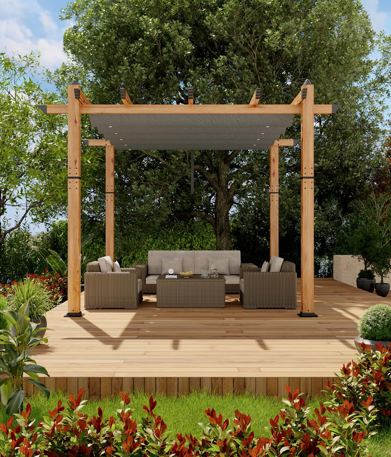 GarveeLife 10 x 10 ft Wood-Grain Aluminum Pergola Outdoor Pergola with Retractable Canopy Sun Shade Shelter for Garde Patio Backyard Deck - Gray
