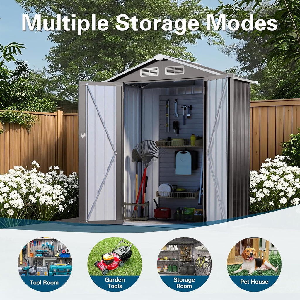 5x3 FT Metal Outdoor Storage Shed, Compact Garden Tool Shed with Peaked Waterproof Roof and Lockable Door, Small Weather-Resistant Metal Organizer for Backyard, Patio, Balcony and Bike Storage, Gray