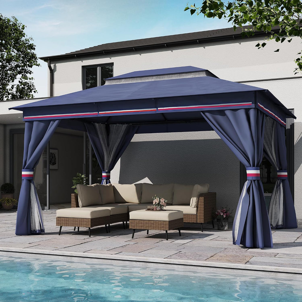 LAUSAINT HOME 10'x13' Outdoor Gazebo, Metal Frame Heavy Duty Patio Canopy Tent Shelter with Double Roofs, Mosquito Nettings and Privacy Screens for Backyard, Garden, Lawn, Classic Blue