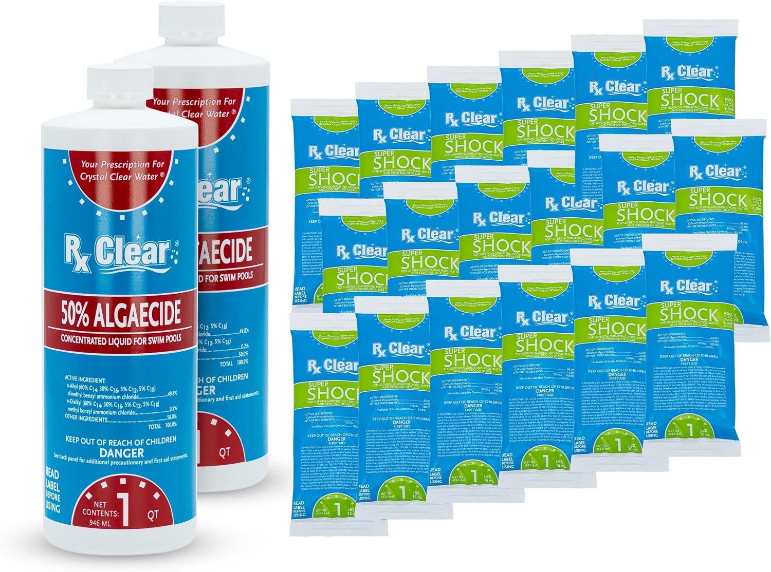 Rx Clear Algae Prevention Maintenance Kit | 3-Month Supply | Two 18 fl. Ounce Bottles of 50% Algaecide | 18 One Pound Bags of Super Shock - 68% Calcium Hypochlorite | for Pools Up to 15,000 Gallons