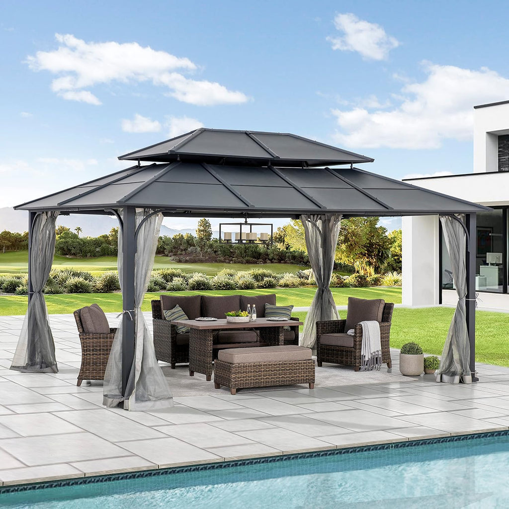 Sunjoy Hardtop Gazebo 12 x 16 ft. Outdoor Gazebo, Heavy Duty Steel Frame Gazebo, Double Tiered Metal Gazebo with Ceiling Hook and Removable Netting Sidewalls, Black