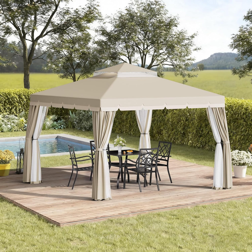 Incbruce Outdoor 10x10 FT Garden Gazebo, Steel Vented Double Roof Patios Canopy, Outside Gazebo with Mosquito Netting for Backyard, Lawns, Party (Beige)