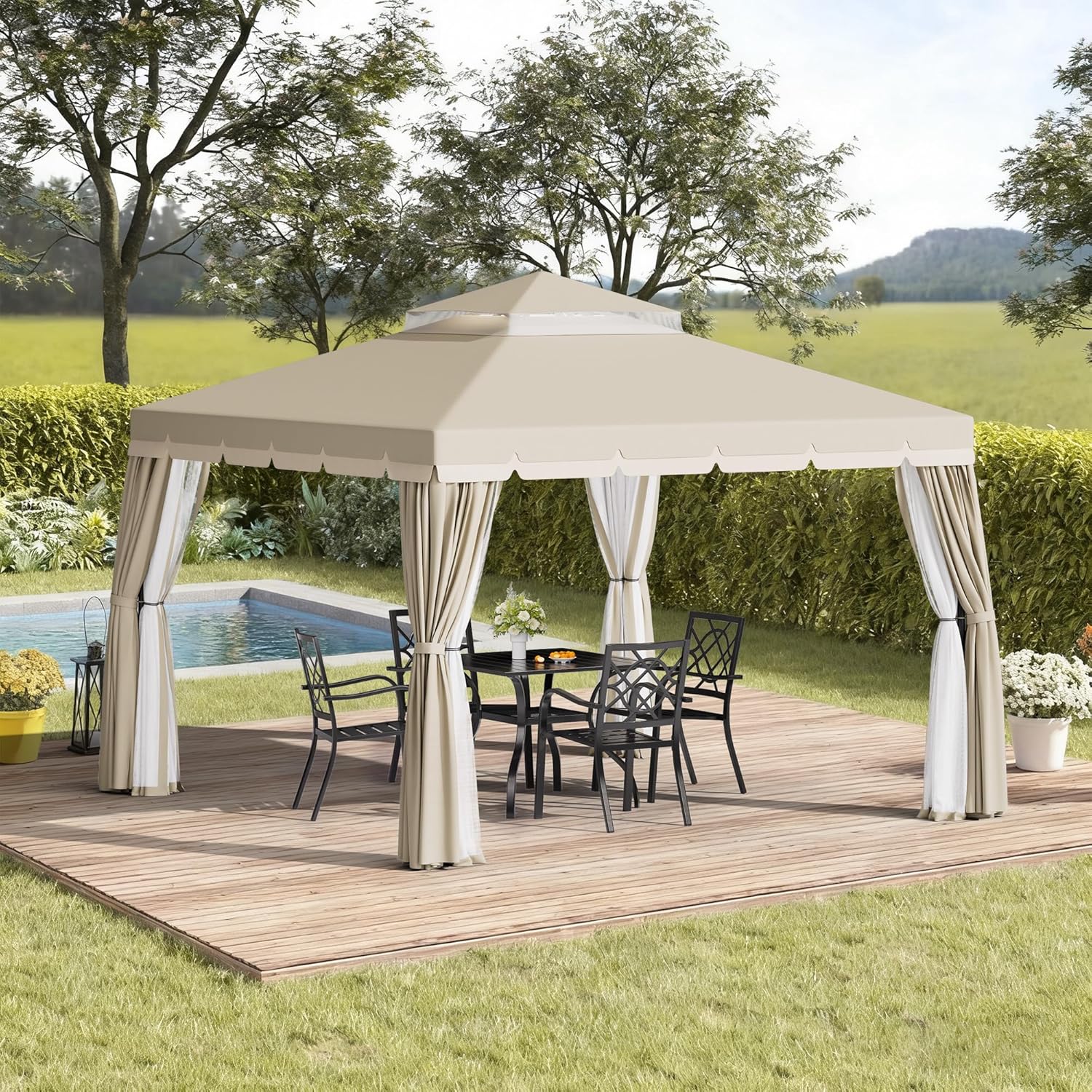Incbruce Outdoor 10x10 FT Garden Gazebo, Steel Vented Double Roof Patios Canopy, Outside Gazebo with Mosquito Netting for Backyard, Lawns, Party (Beige)