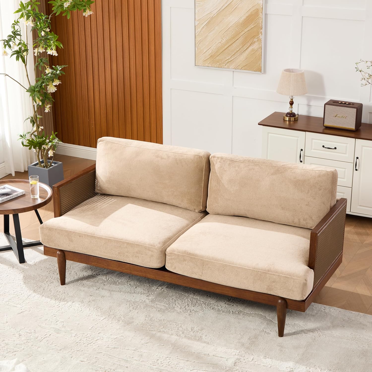 Christopher Knight Home Emir 3 Seater Sofa with Cushion, Sofa Chair with Cane Rattan and Wooden Frame, Spacious Seating Couch for Living Room/Bedrooms, Modern Slat Panel Sofa Couch, Walnut + Camel