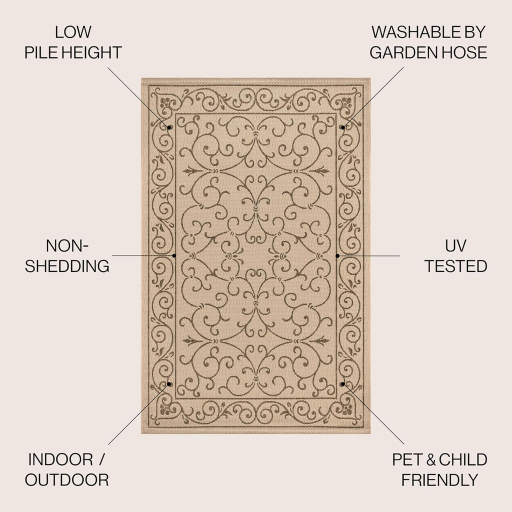 JONATHAN Y Vintage Filigree Indoor Outdoor Round Area Rug 5 Ft Beige/Brown, Charleston Textured Weave for Backyard, Patio, Porch, Easy-Cleaning, High Traffic, Pet-Friendly, Non-Shedding (SMB106A-5R)