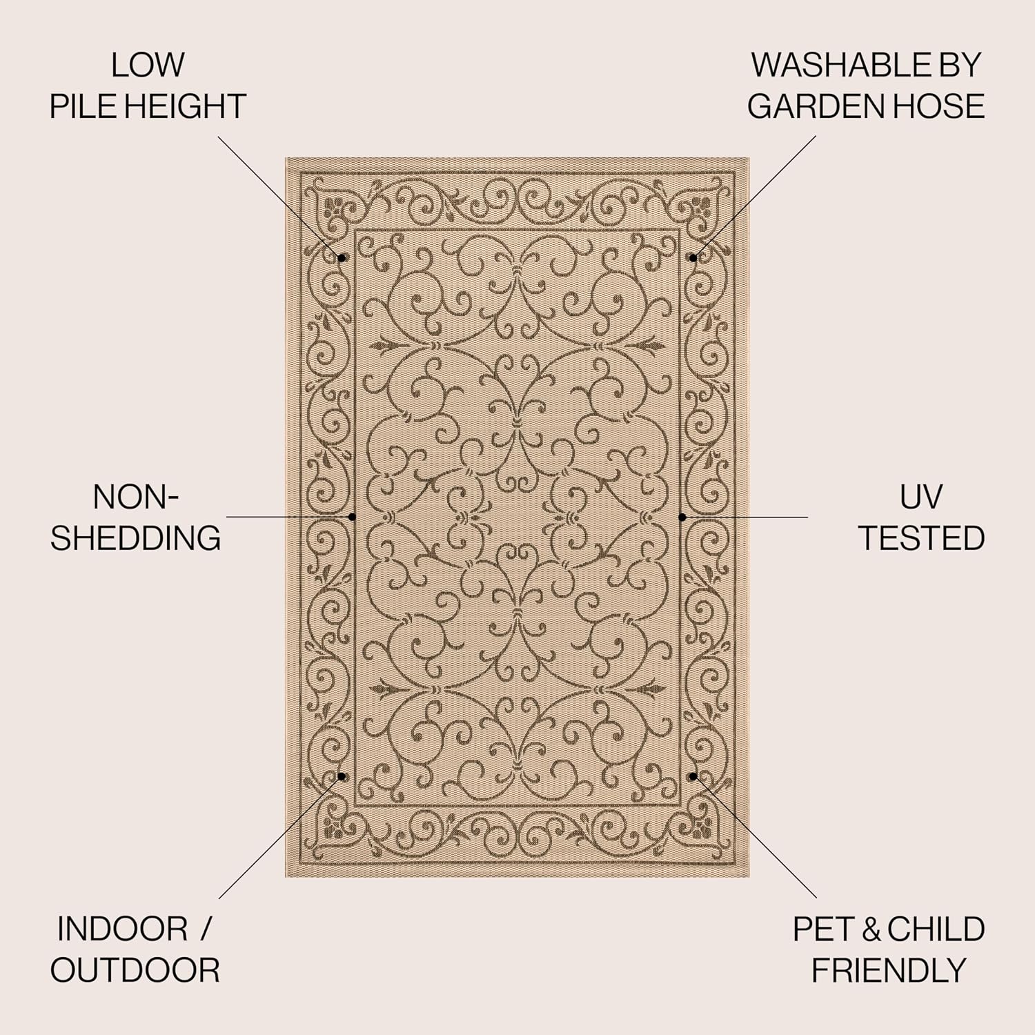 JONATHAN Y Vintage Filigree Indoor Outdoor Round Area Rug 5 Ft Beige/Brown, Charleston Textured Weave for Backyard, Patio, Porch, Easy-Cleaning, High Traffic, Pet-Friendly, Non-Shedding (SMB106A-5R)