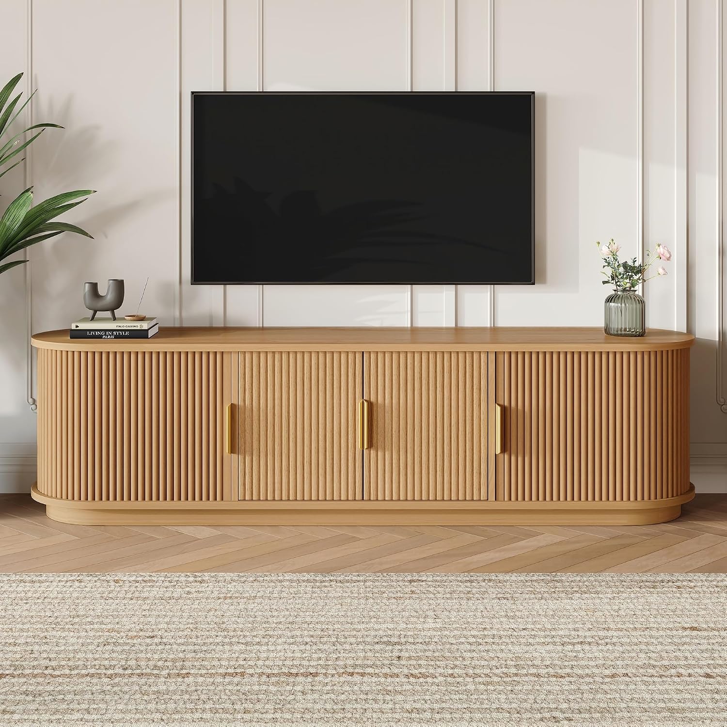Merax Fluted Wooden TV Stand for TVs up to 75', Farmhouse Media Console with Sliding Door and Golden Handles, Curved Television Cabinet with Adjustable Storage Shelves for Living Room, Natural