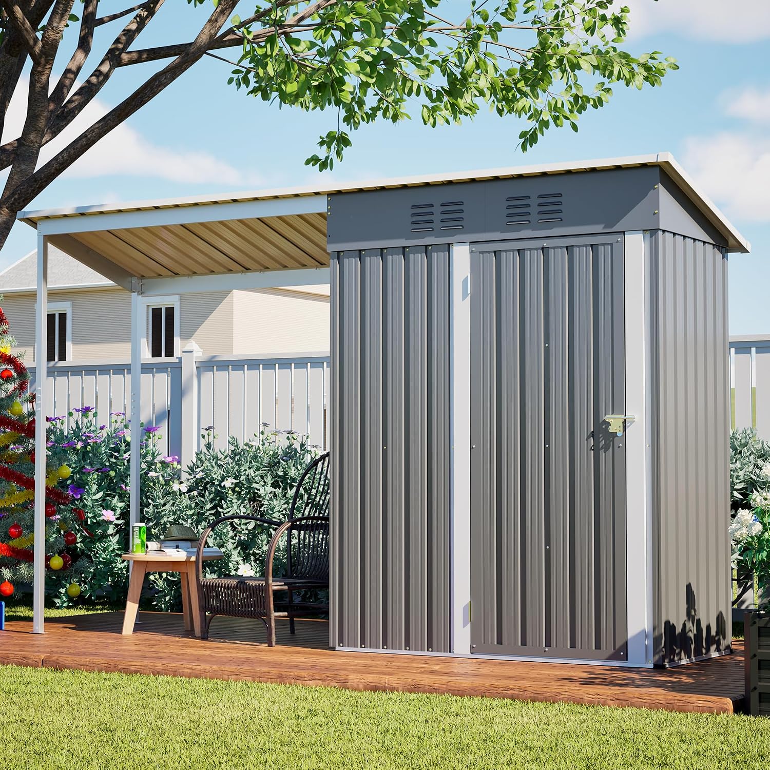 YOPTO 5×3 FT Outdoor Storage Shed & Gazebo Combo,Lean to Metal Tool Shed with Open Pergola,All-Weather 2-in-1 Garden Shed & Gazebo W/Sloping Roof and Lockable Door,for Backyard,Patio,Lawn(Gray)