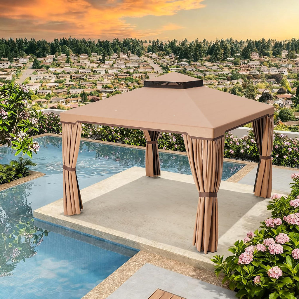 Incbruce Outdoor 10x10 FT Garden Gazebo, Steel Vented Double Roof Patios Canopy, Outside Gazebo with Mosquito Netting for Backyard, Lawns, Party (Brown)