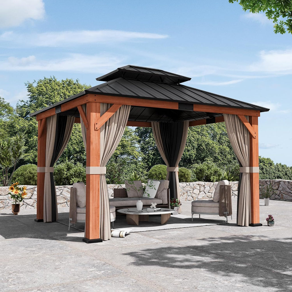 Big Leaf Wood Gazebo 10'x12', Cedar Frame Hardtop Gazebo with Double Galvanized Steel Roof & Grill Shelter, Mosquito Netting and Curtains, Sturdy Hook Design for Outdoor Patio, Deck, Garden