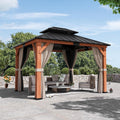 Big Leaf Wood Gazebo 10'x12', Cedar Frame Hardtop Gazebo with Double Galvanized Steel Roof & Grill Shelter, Mosquito Netting and Curtains, Sturdy Hook Design for Outdoor Patio, Deck, Garden