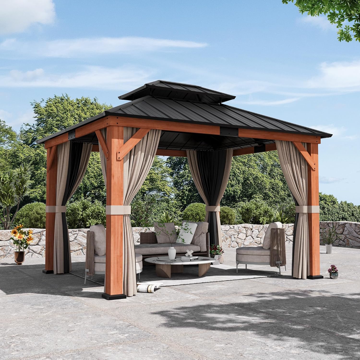 Big Leaf Wood Gazebo 10'x12', Cedar Frame Hardtop Gazebo with Double Galvanized Steel Roof & Grill Shelter, Mosquito Netting and Curtains, Sturdy Hook Design for Outdoor Patio, Deck, Garden