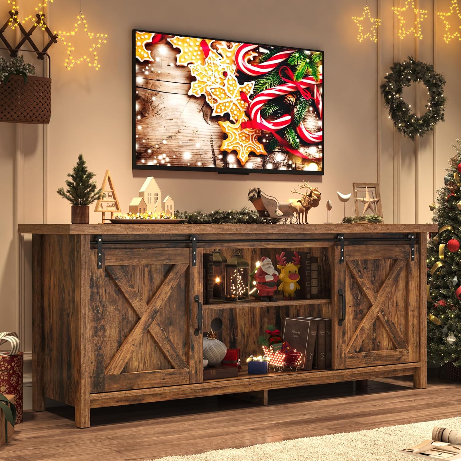 Farmhouse TV Stand for 65 Inch TV with Sliding Barn Door, Rustic Wood Entertainment Center Large Media Console Cabinet Long Television Stands,Console Table and Media Furniture for Living Room(Brown)