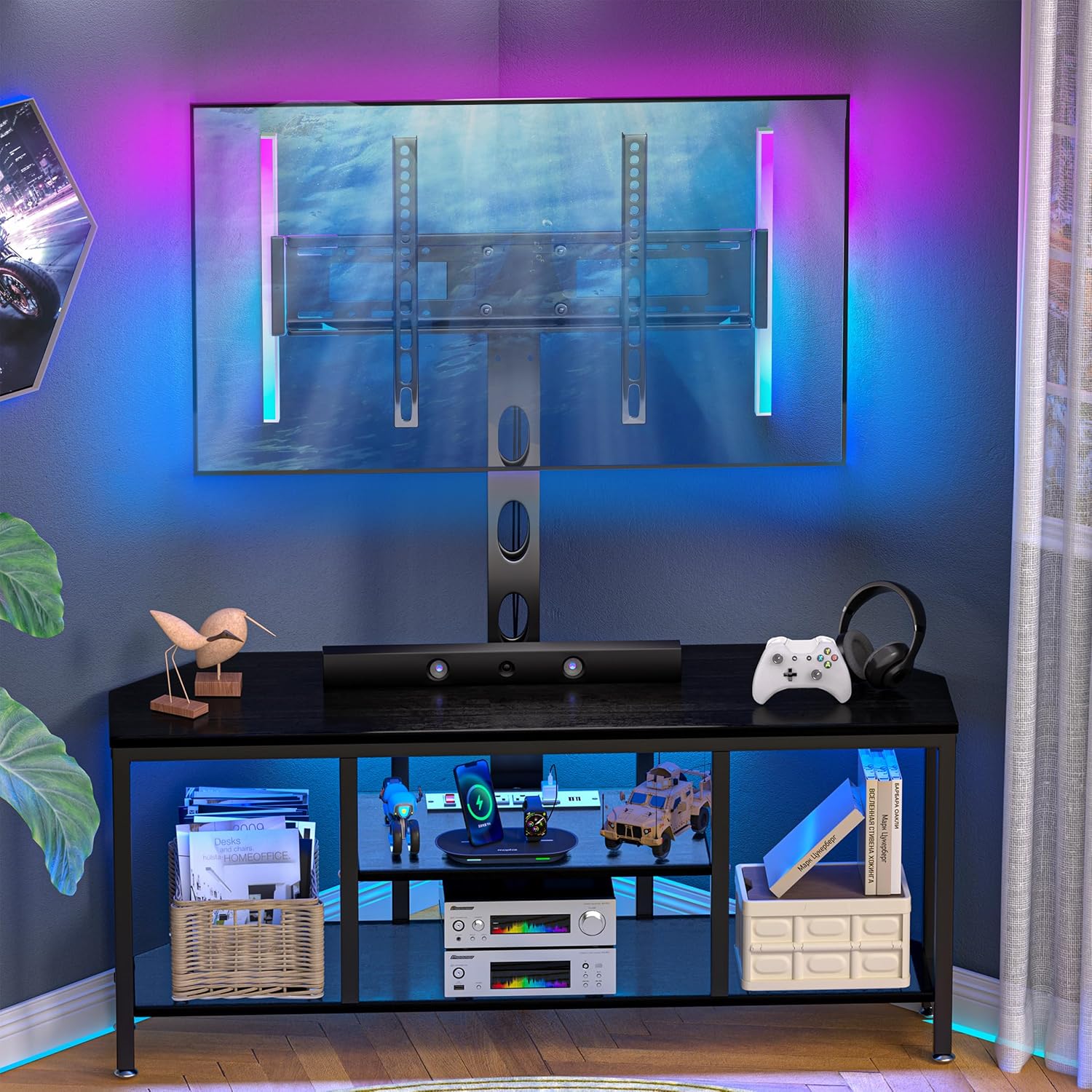 Corner TV Stand with Mount LED - Universal TV Mount Stand for 32-65' TV, Height Adjustable Swivel TV Console Wood & Steel Entertainment Center with Mount, Cabinet, Power Outlet, Colorful Light, Black