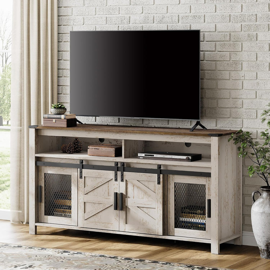 WAMPAT Farmhouse Entertainment Center for 65 Inch TVs, 59' Barn Door TV Stand with Sliding Barn Doors & Mesh Accents, Adjustable Farmhouse TV Stand with Storage for Living Room, Rustic Oak and White