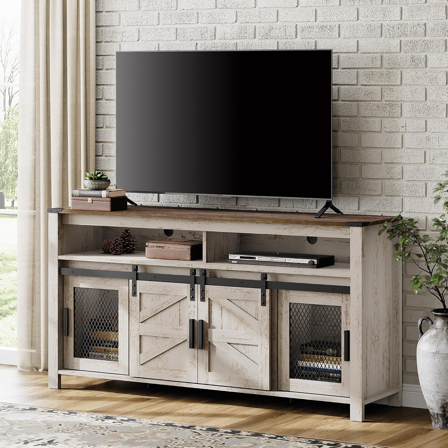 WAMPAT Farmhouse Entertainment Center for 65 Inch TVs, 59' Barn Door TV Stand with Sliding Barn Doors & Mesh Accents, Adjustable Farmhouse TV Stand with Storage for Living Room, Rustic Oak and White