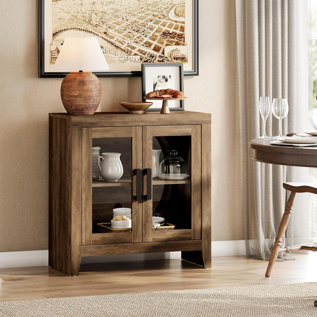WAMPAT Farmhouse TV Stand for TVs up to 50', Rustic Wood Entertainment Center with Adjustable Shelf, Glass Doors & Storage, Media Console Cabinet for Living-Room, Bedroom, Brown