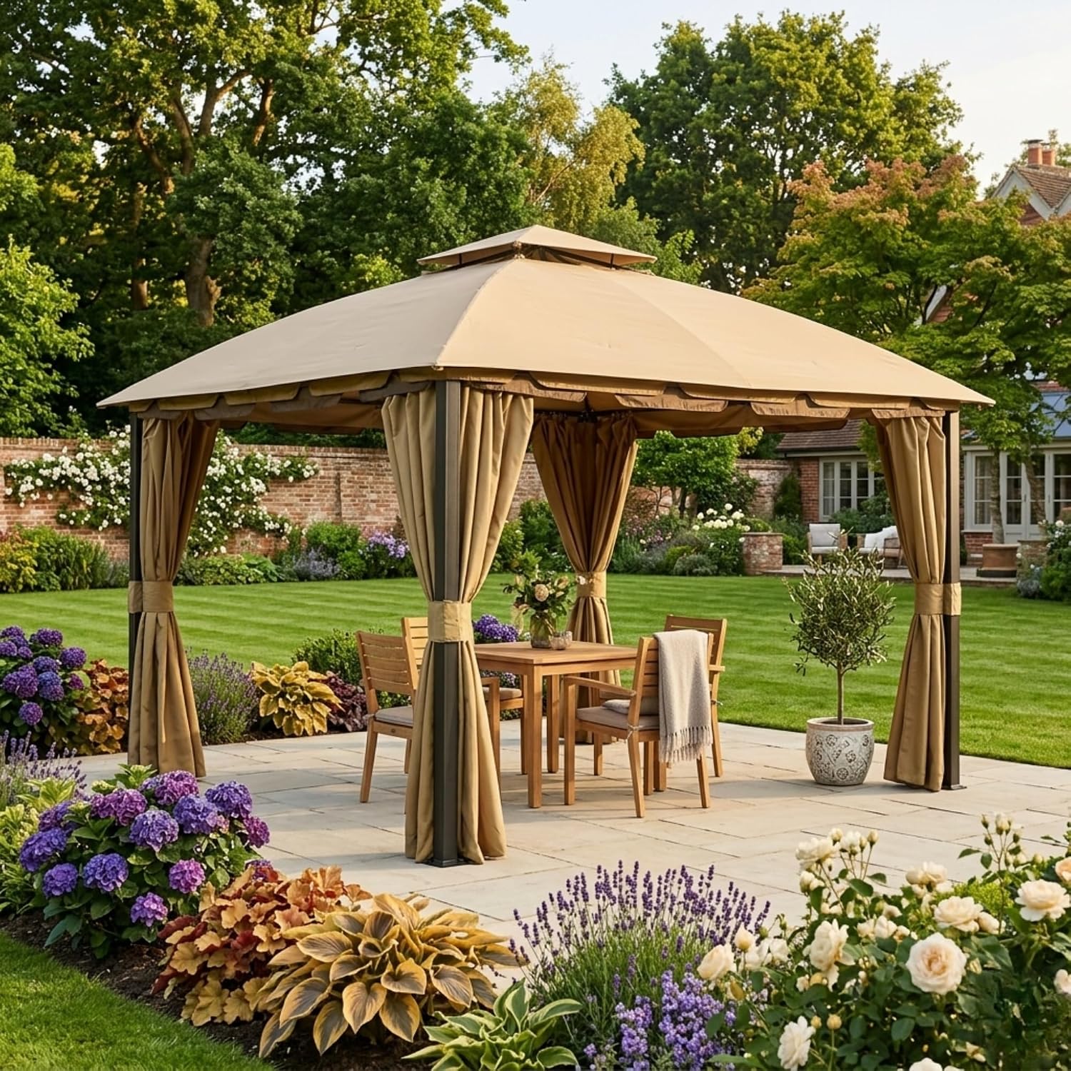 Garden Winds Durable 350 Replacement Privacy Curtain Set Compatible with South Hampton 11' x 13' Gazebo Models L-GZ215PST-A, L-GZ659PST – Beige