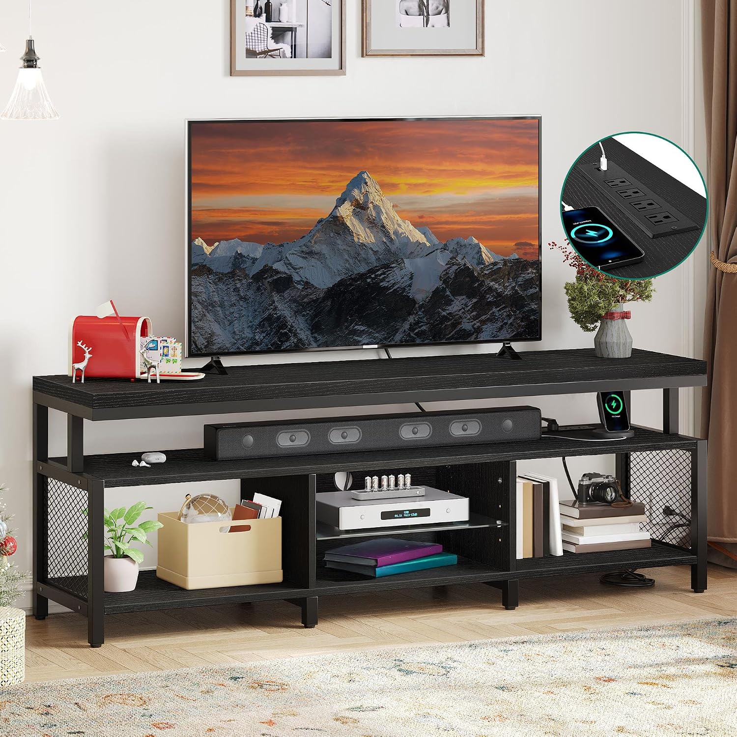YITAHOME TV Stands for Living Room, TV Stand for 70/65 inch TV, Entertainment Center with Storage, LED TV Stand with Power Outlets, Industrial TV Console Cabinet, Black