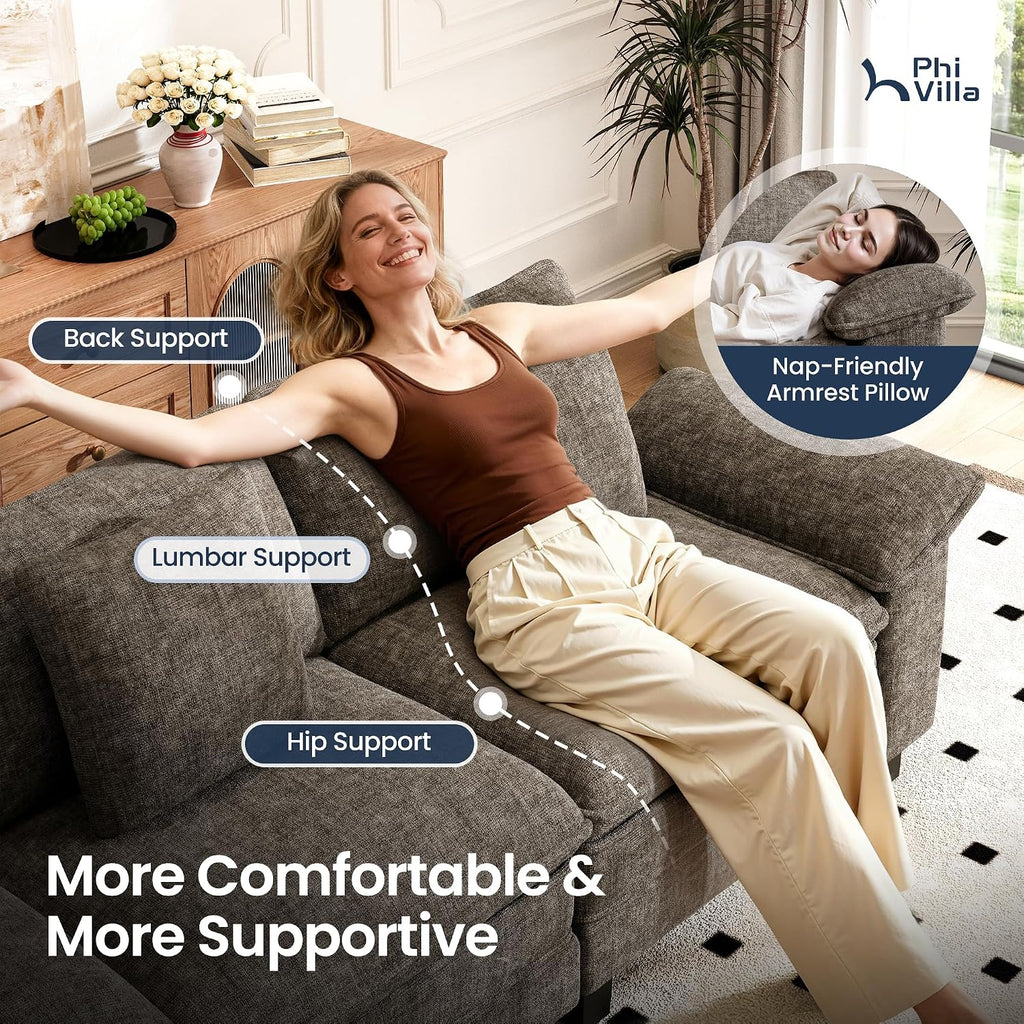 PHI VILLA Modern Modular Couches Sets, 123.6' Cloud Sectional Sofa with Upholstered Deep Seat, 3-Seater Couch for Living Room Small Spaces, Chenille Fabric, Smoky Grey