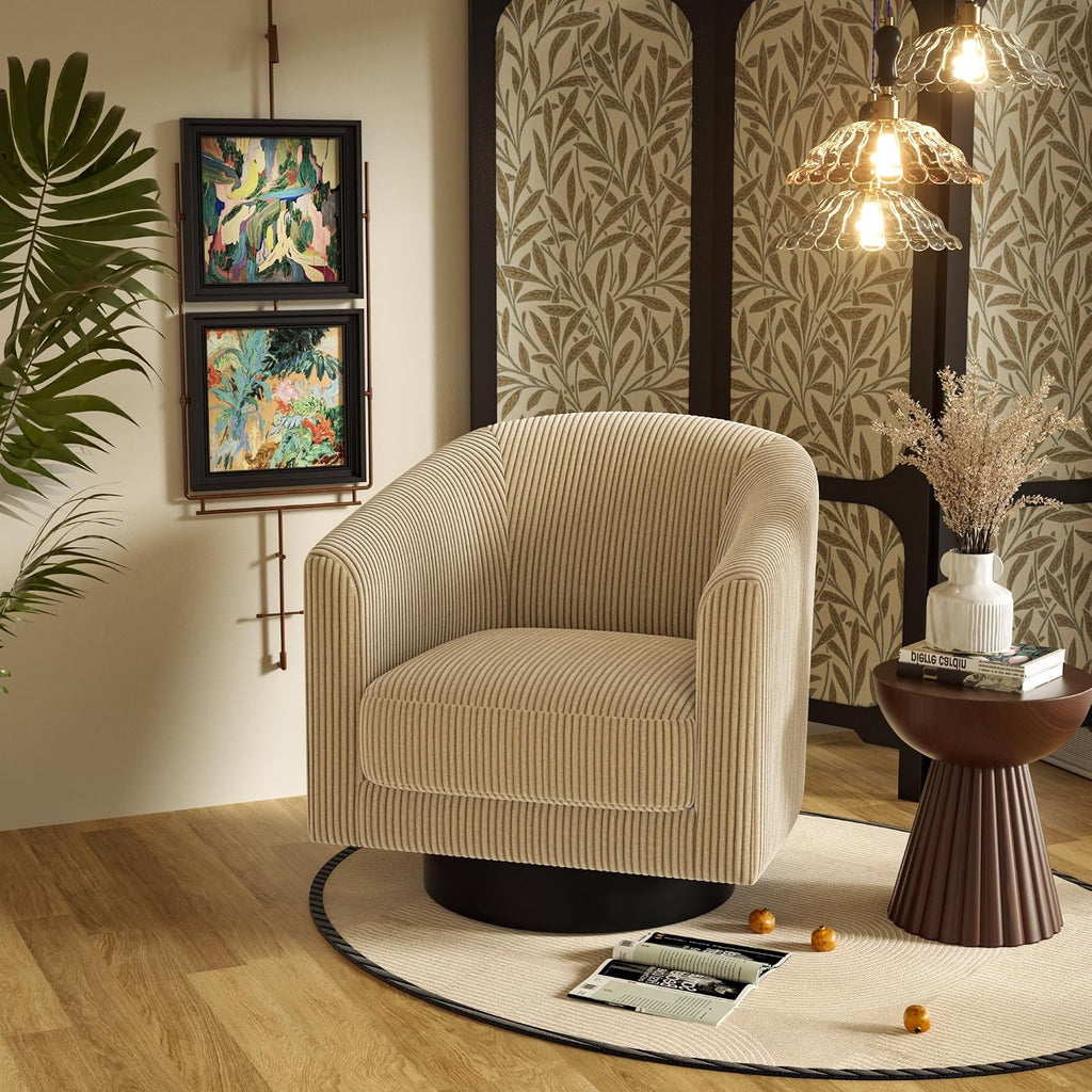 Swivel Accent Chairs Set of 2, 360° Bucket Chair, Modern Upholstered Barrel Armchair, Comfy Corduroy Single Sofa for Living Room Bedroom, Camel