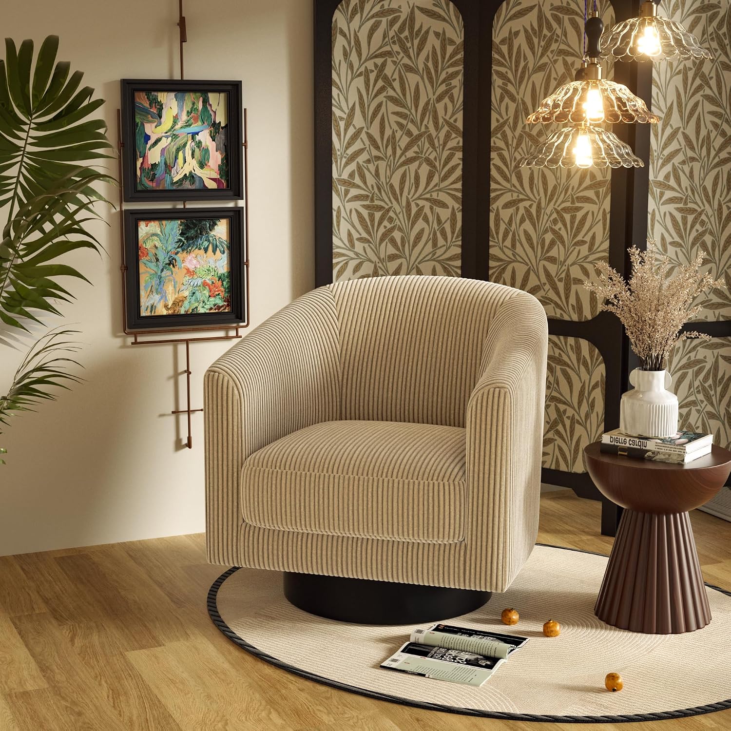 Swivel Accent Chairs Set of 2, 360° Bucket Chair, Modern Upholstered Barrel Armchair, Comfy Corduroy Single Sofa for Living Room Bedroom, Camel