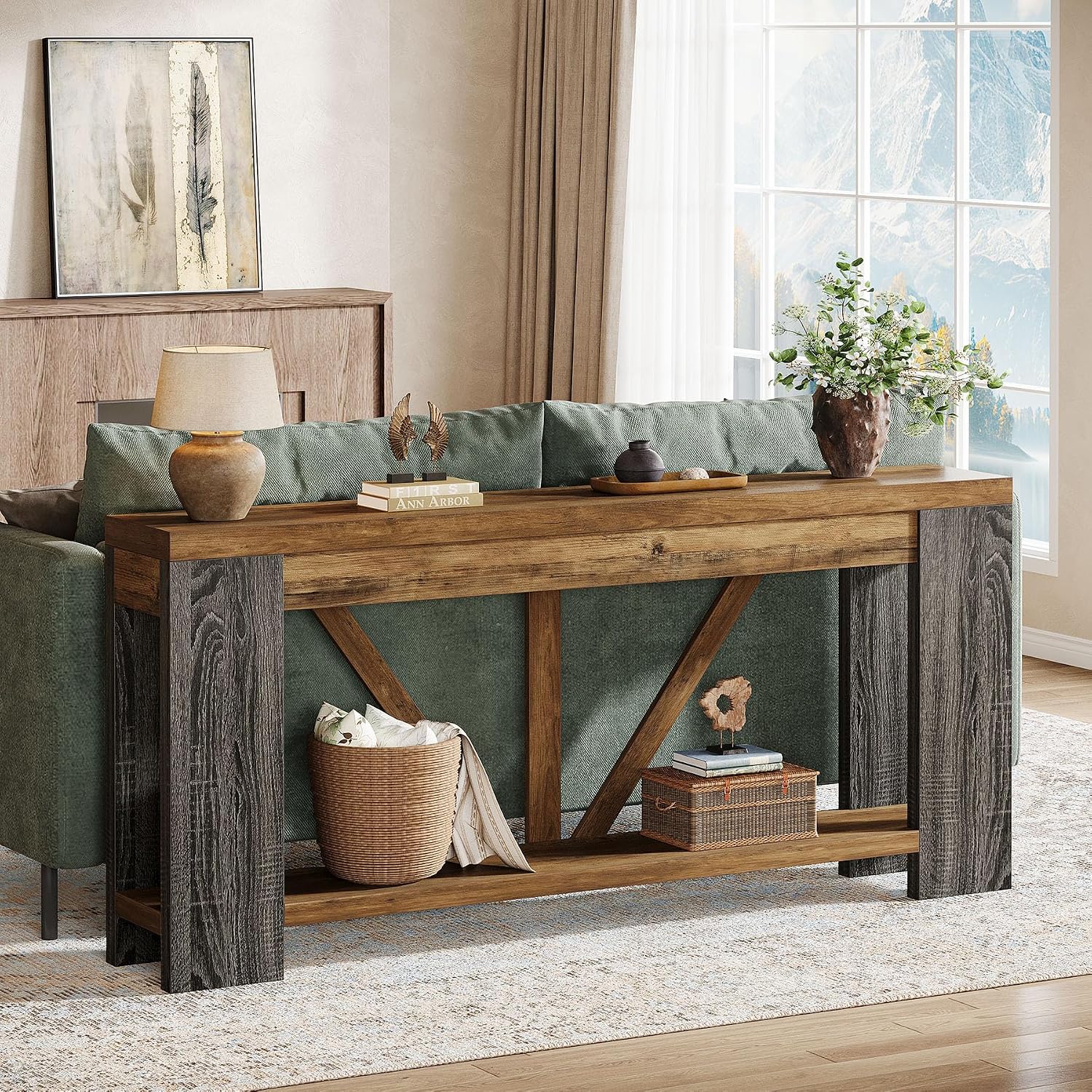 Tribesigns 70.9' Narrow Long Console Table, 2-Tier Farmhouse Entryway Table with Storage Shelf, Rustic Sofa Table Behind Couch for Hallway, Foyer, Living Room, Rustic Brown&Grey