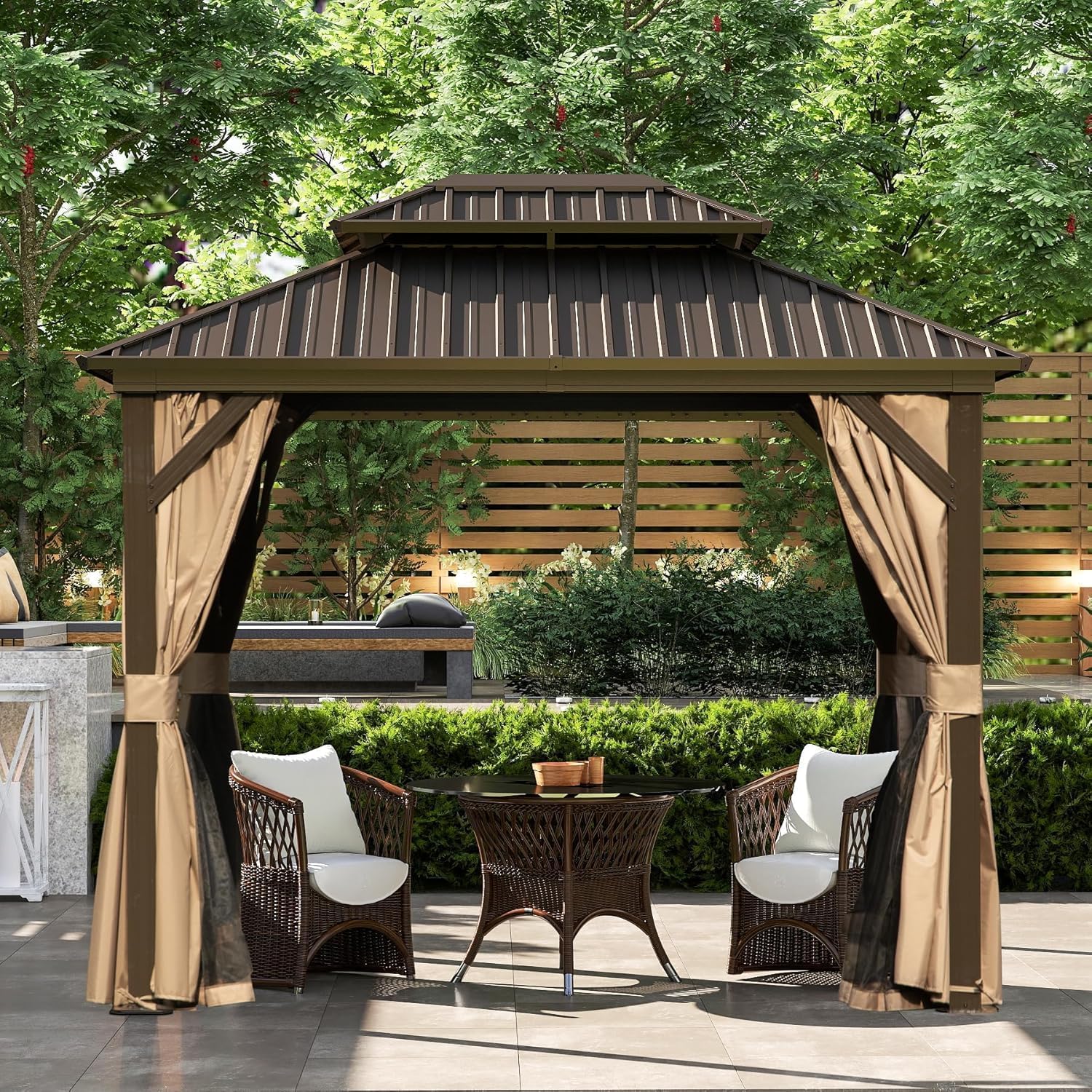 Domi 8'x10' Outdoor Gazebo, Patio Hardtop Gazebo with Galvanized Steel Double Roof, for Patio, Deck, Backyard, Curtain and Netting Included, Brown