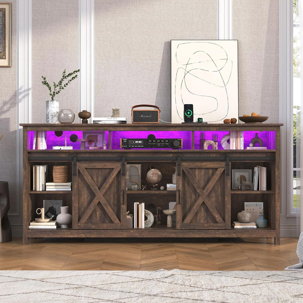 jiteentarou Farmhouse TV Stand for 80/75 Inch TV with Power Outlet, LED Entertainment Center with Storage and Sliding Barn Doors, Wood Media Console for Living Room, Brown