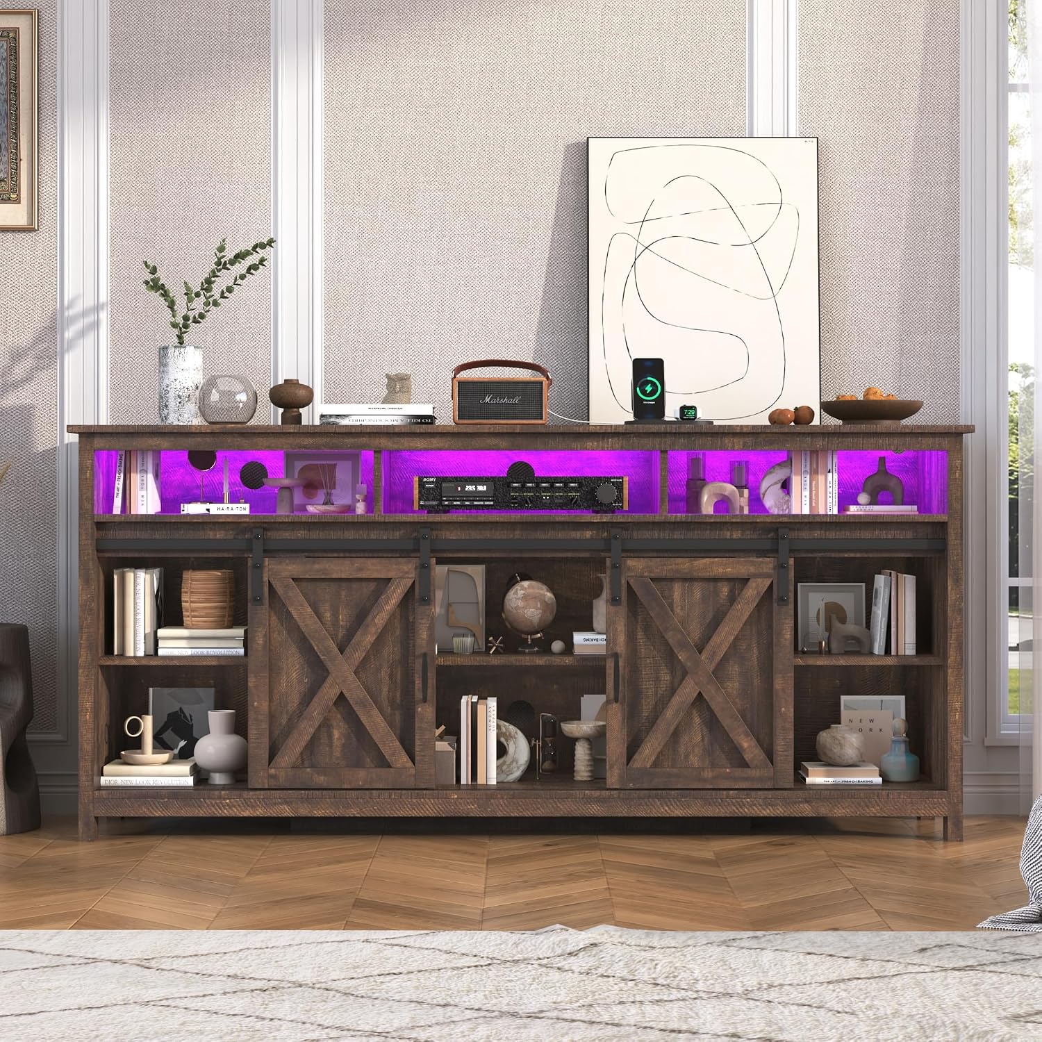 jiteentarou Farmhouse TV Stand for 80/75 Inch TV with Power Outlet, LED Entertainment Center with Storage and Sliding Barn Doors, Wood Media Console for Living Room, Brown