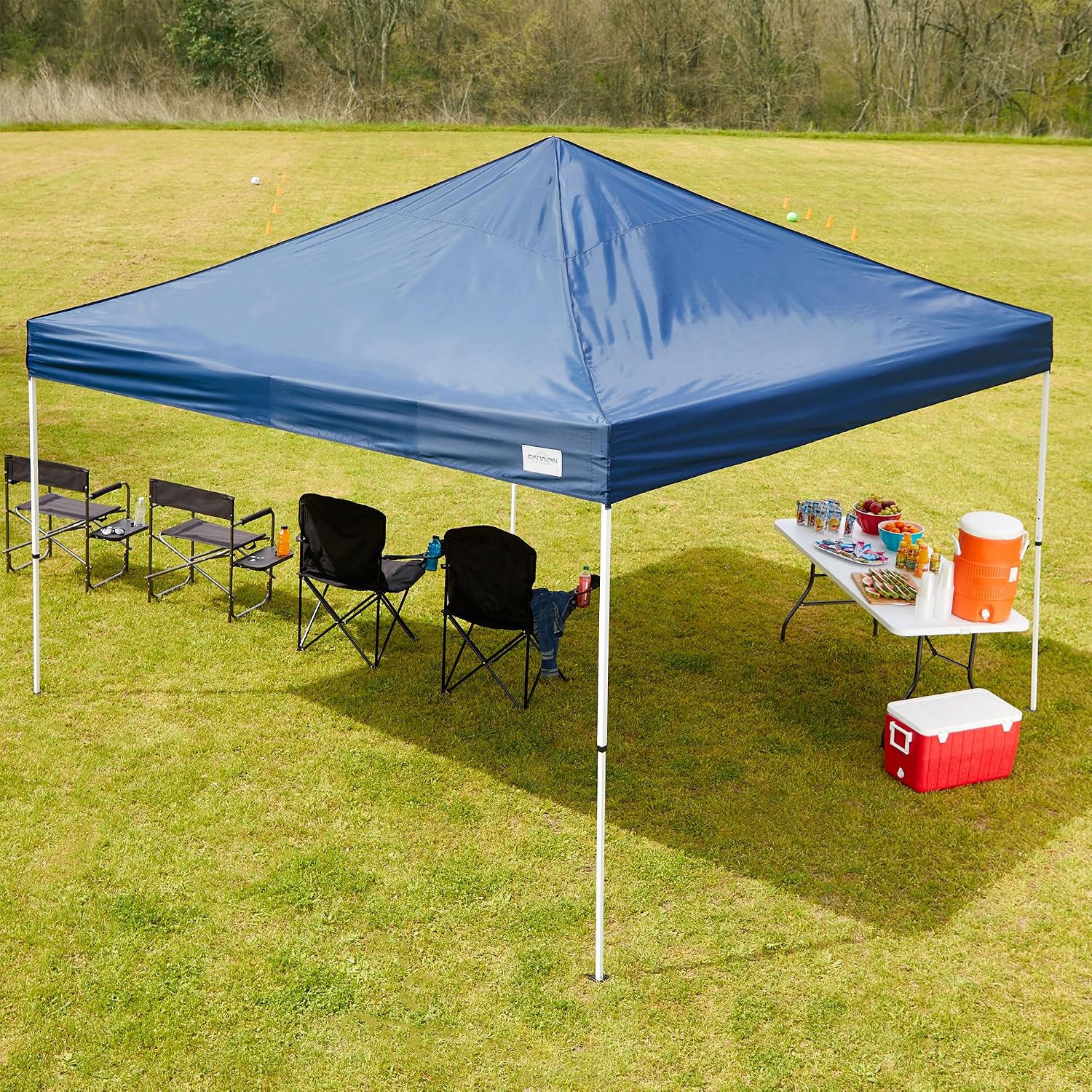 Caravan Canopy M Series Pro 2 10 x 10 Foot Lightweight Steel Frame Shade Tent with Rising Truss System, Pull Pin Sliders, and Roller Bag, Navy Blue