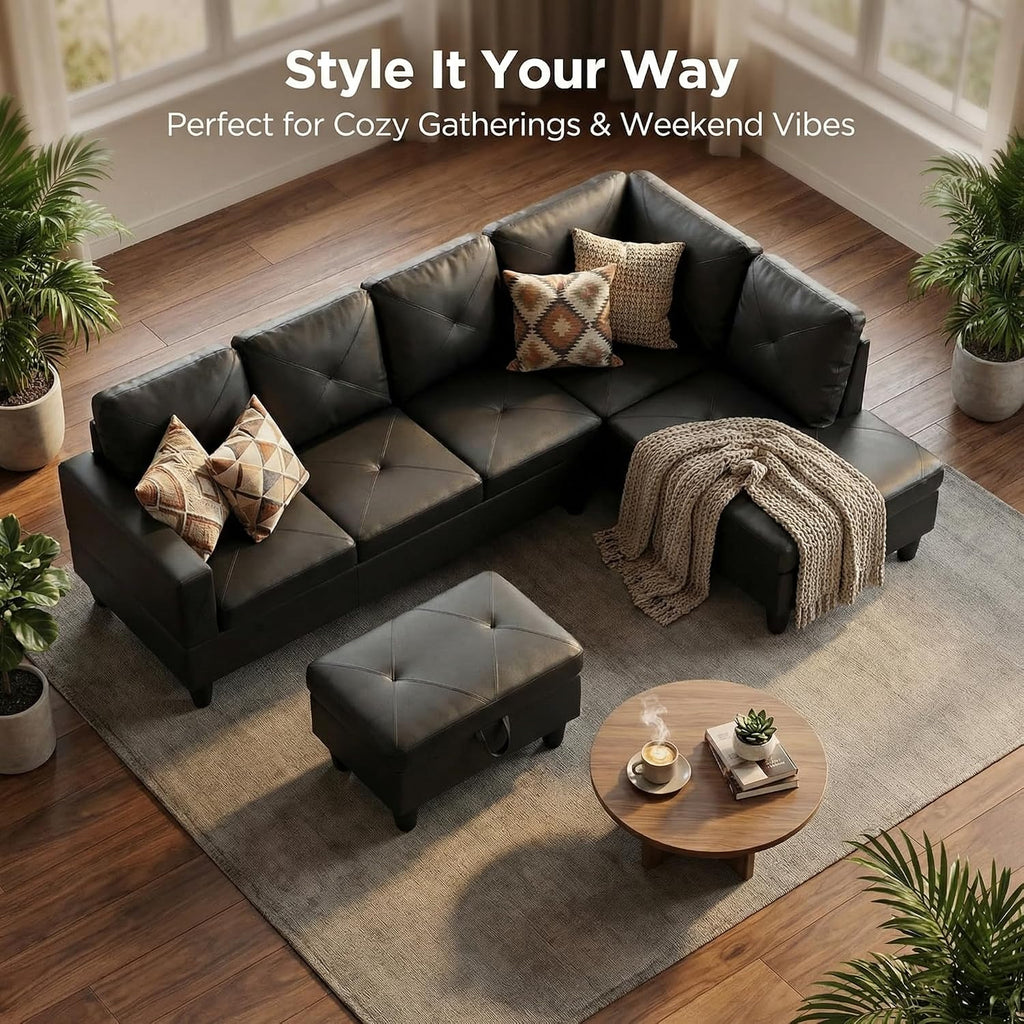 97' L Shaped Couch Set Leather, Modular Sectional Couches for Living Room with Storage Ottoman, 4 Seat Home Sofa Living Room Furniture Sets with Chaise for Apartment Office (Black)