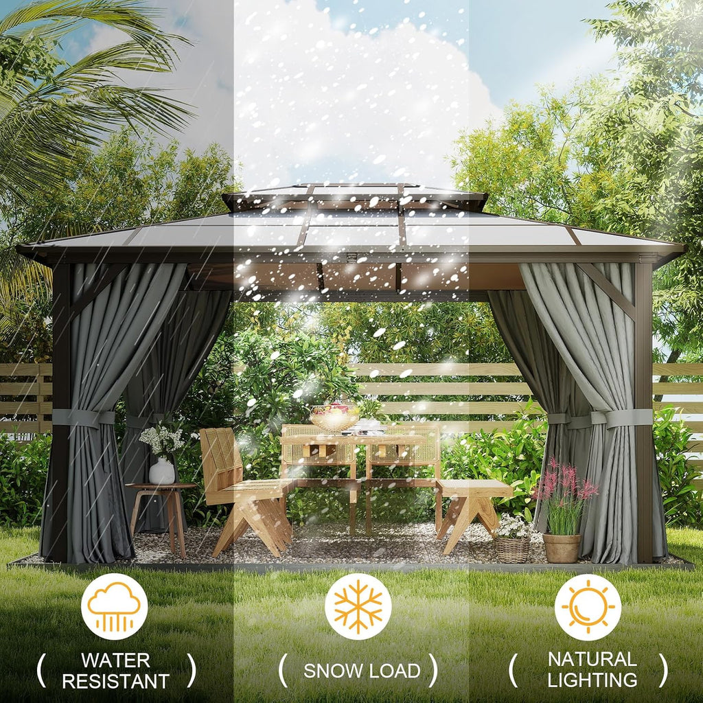 12' x 14' Gray Double Roof Gazebo with Polycarbonate Panels – Sturdy Aluminum Frame, Outdoor Pavilion with Curtains for Patio, Garden & Backyard
