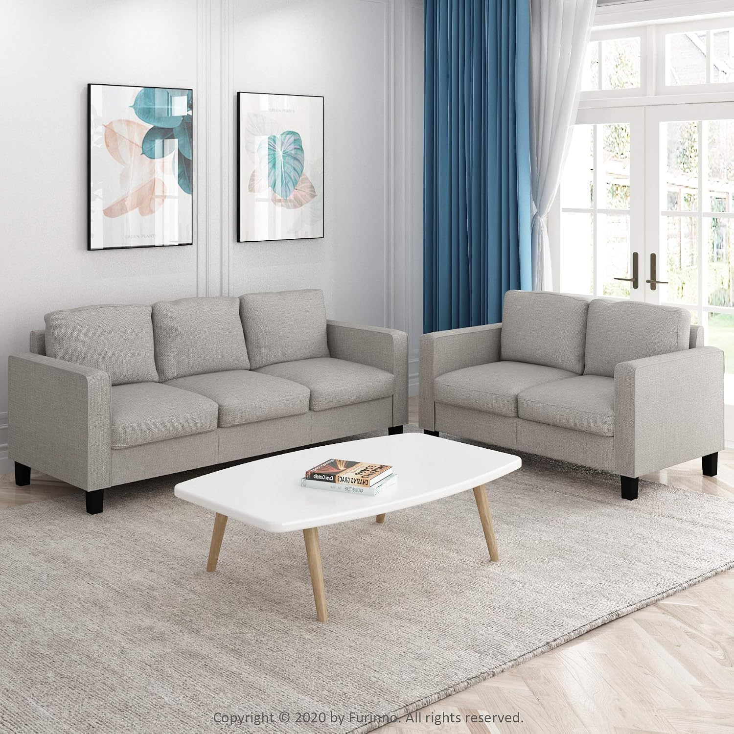Furinno Bayonne Modern Upholstered 3-Seater Sofa Couch for Living Room, Fog
