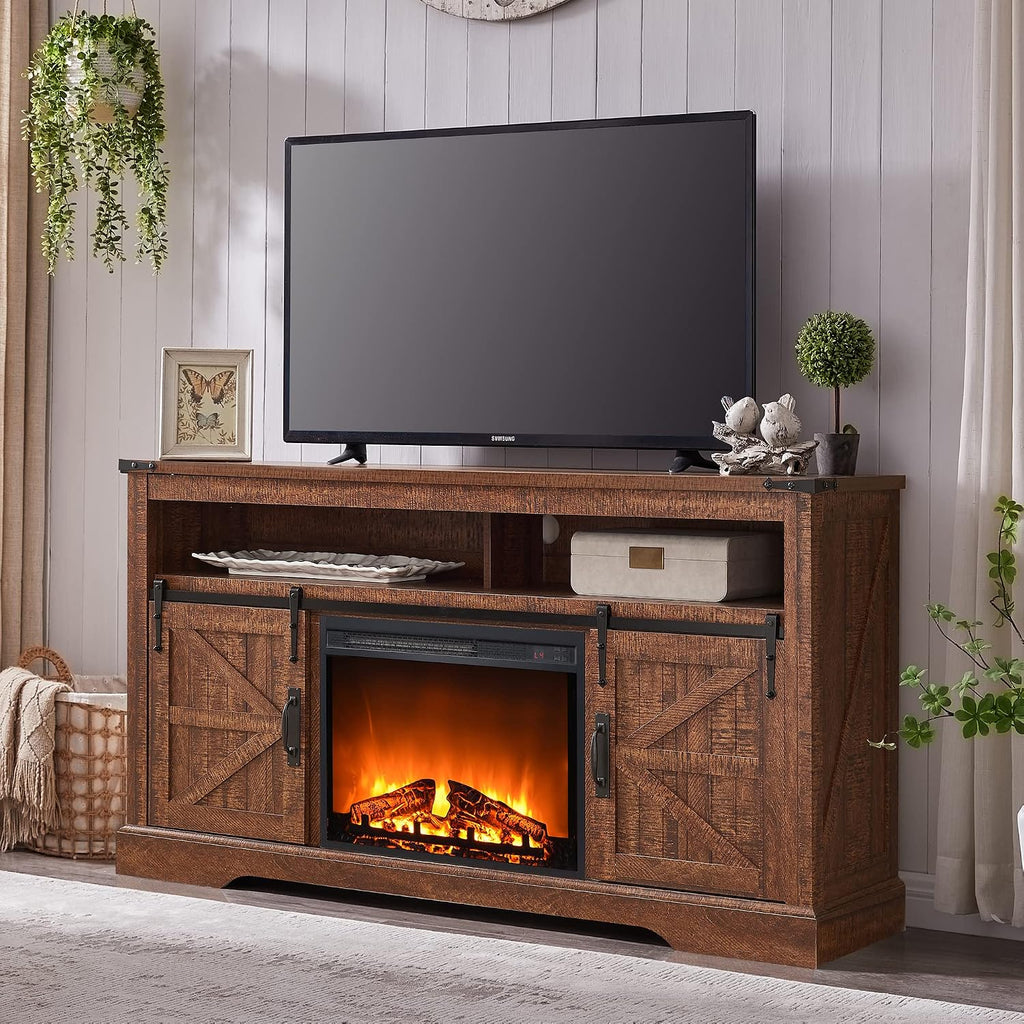 OKD Fireplace TV Stand for 65+ Inch TV, 33' Tall Highboy Farmhouse Entertainment Center w/ 23'' Electric Fireplace, Rustic Media Console w/Sliding Barn Door for Living Room, Reclaimed Barnwood Color