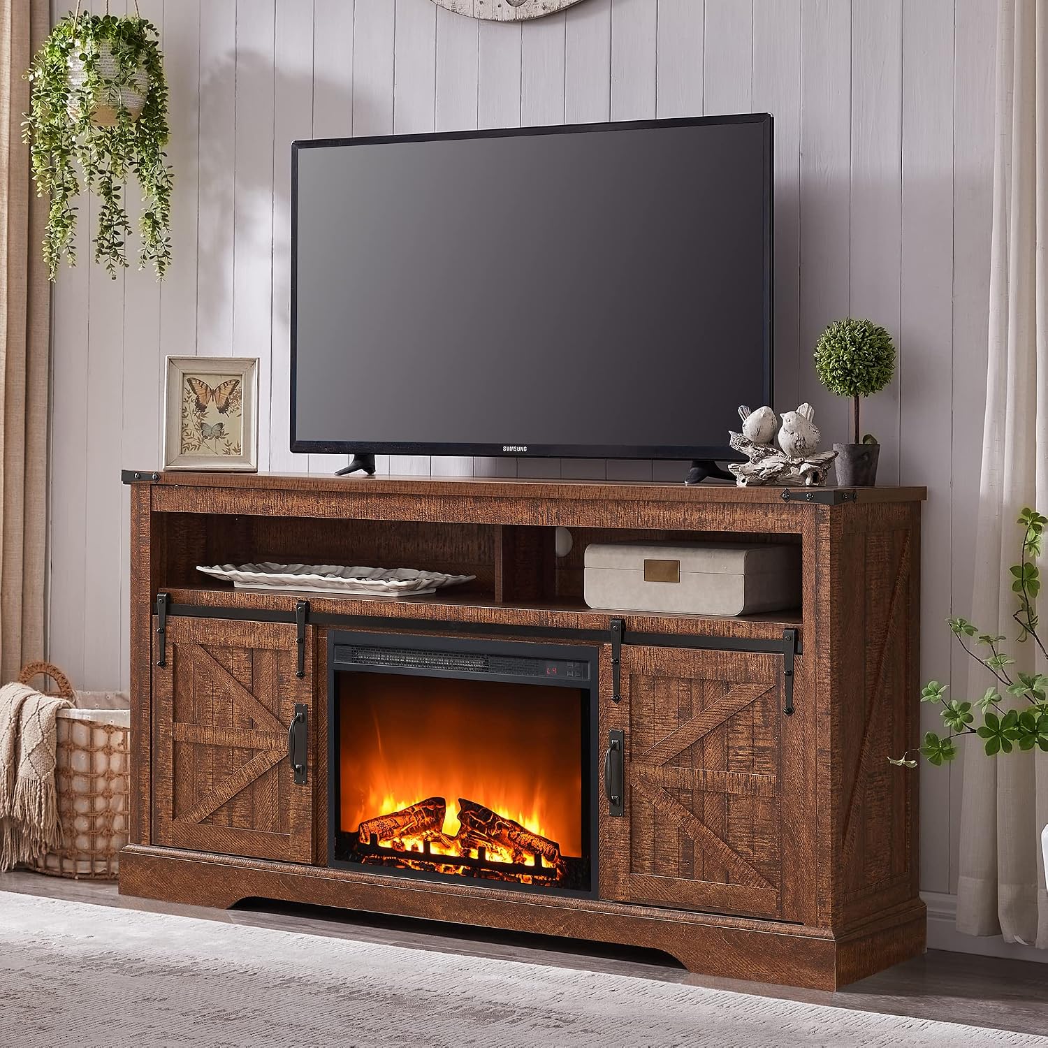 OKD Fireplace TV Stand for 65+ Inch TV, 33' Tall Highboy Farmhouse Entertainment Center w/ 23'' Electric Fireplace, Rustic Media Console w/Sliding Barn Door for Living Room, Reclaimed Barnwood Color