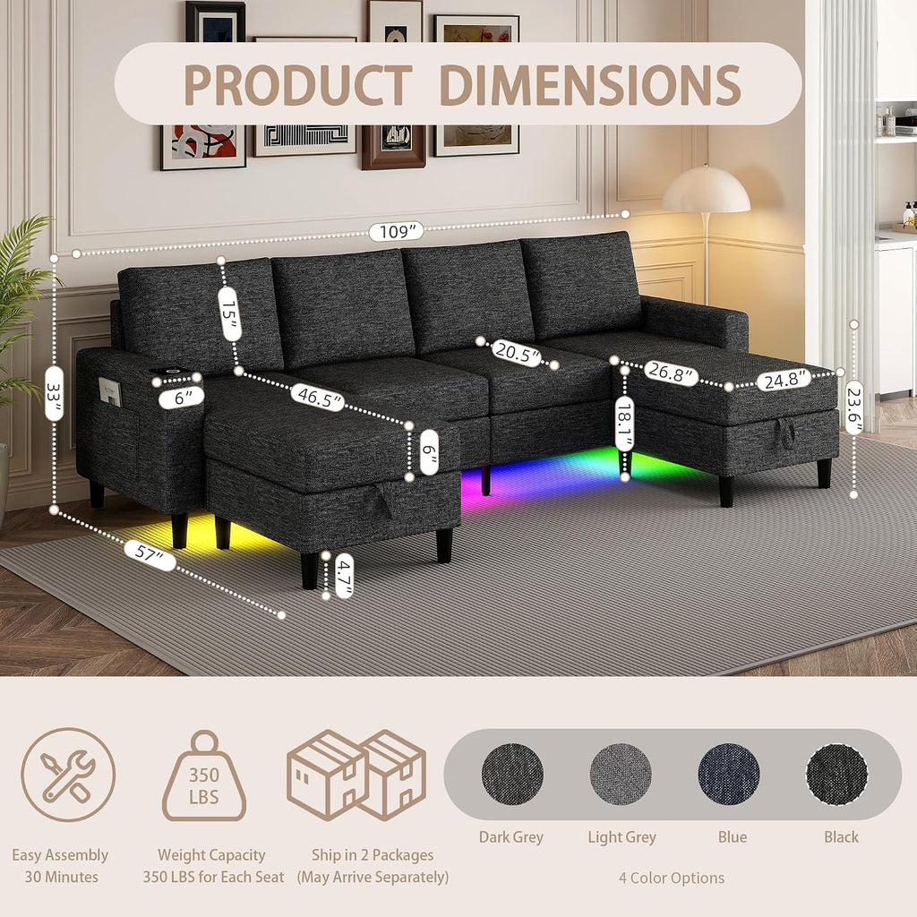Sectional Couches for Living Room, 4 Seat Sectional Sofa with Smart Module-Wireless Charging/USB/Type-C/RGB Light, U Shaped Couch with Reversible Chaise Lounge/Storage Ottoman (Charcoal Grey)
