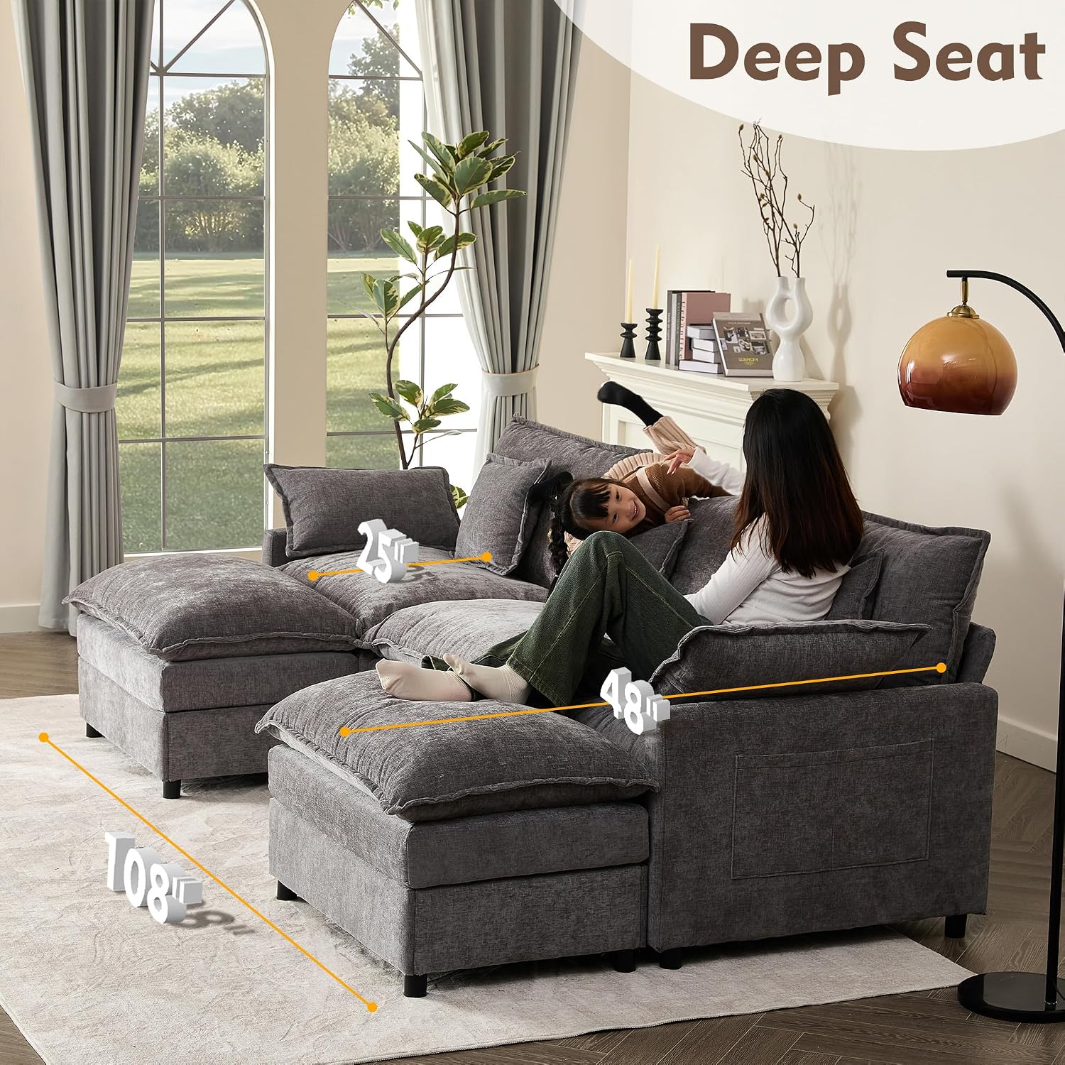 GOSUHI 108' U Shaped Couch, Modular Sectional Sofa, 3-Seater Comfy Cloud Couch, Set of Modular Pieces with Movable Ottoman, Deep Seat Couches for Living Room, Chenille, Slate