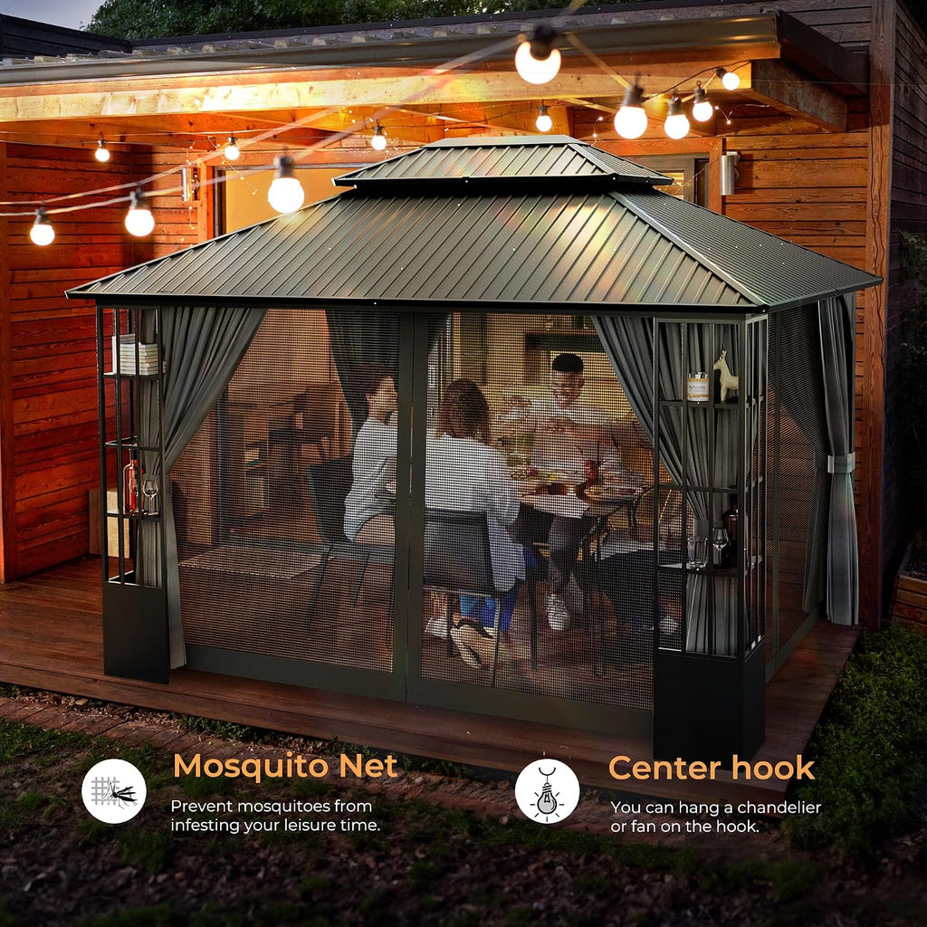 HAPPATIO 10' x 12' Hardtop Gazebo, Outdoor Gazebo with Netting and Curtains, Double Roof Permanent Patio Metal Canopy with Storage Shelf for Patio, Deck, Backyard (Gray)