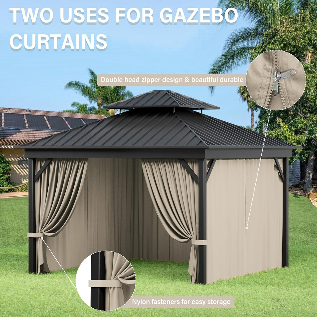 Outdoor Gazebo Curtain Replacement Universal 4-Panel Sidewalls 10' X 10',Outdoor Patio Waterproof Privacy Curtain with Double Zipper for Patio,Garden, and Backyard (Curtain Only)
